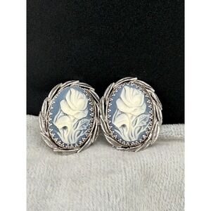Vintage Whiting Davis Clip Ons Earrings Blue Rose Silver Tone Flower